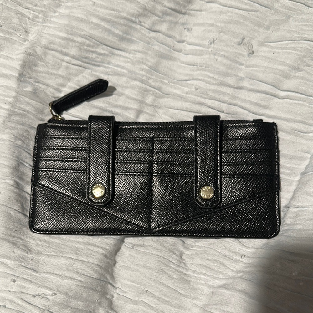 Black Leather Wallet with Textured Finish and Zipper